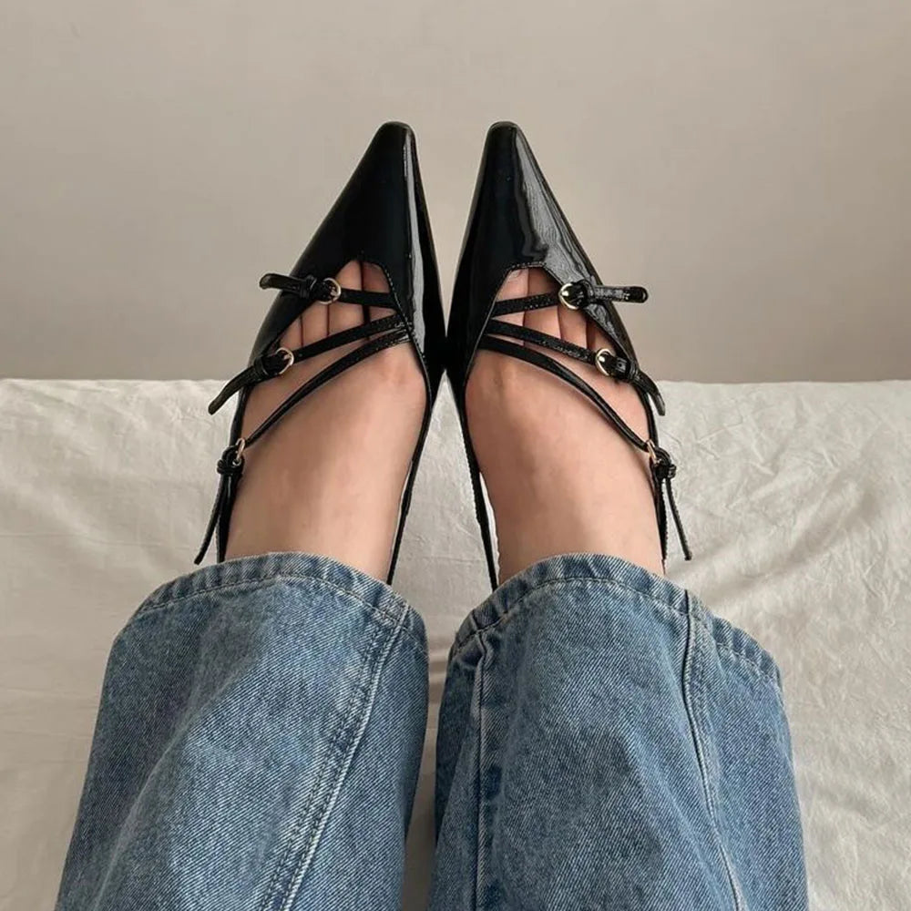 Brand Design Med Heels Pumps Pointed Toe Buckle Party Trend Slip-on Mules Pumps Slingback Stiletto Shoes