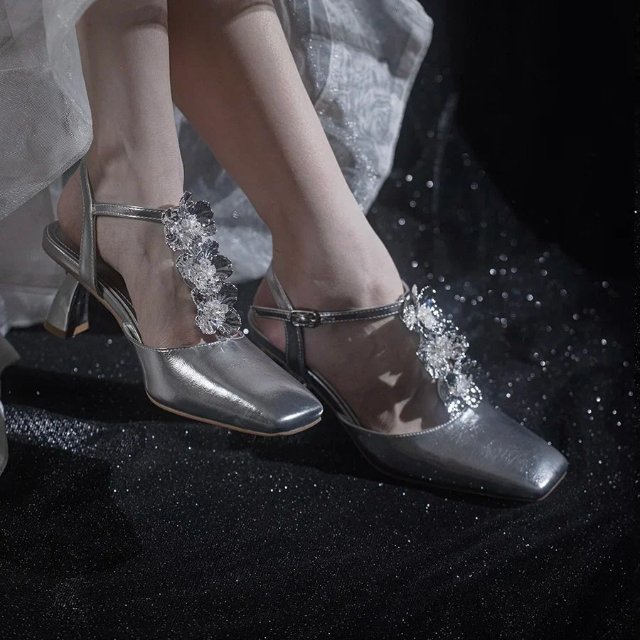 Flower Sandals Sliver Shiny Leather Square Toe Ankle Straps High Heels T Strap Casual Rose