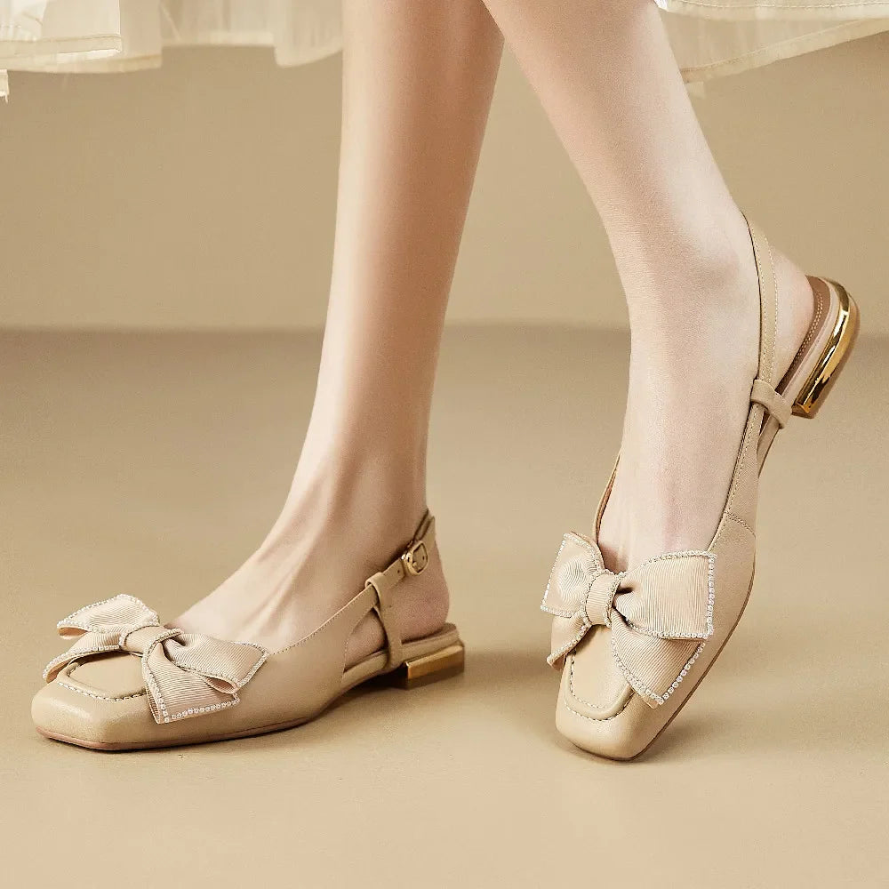 genuine leather slingback slip-on flats sandals square toe sweet bowtie korean style flats sandalias shoes