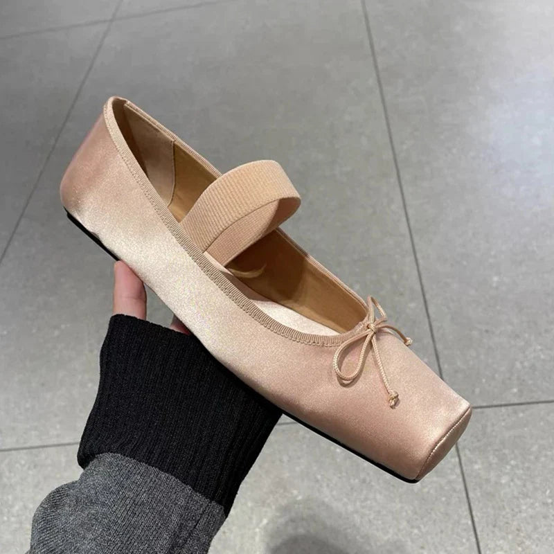 sweet pink silk flat shoes woman square toe bowtie ballet flats silver leather mary janes shoes elastic band moccasions
