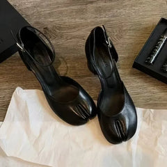Tabi Ninja ShoesRound Split Toe Shallow Thick Heel Sandals Single Mid Heel Mary Janes