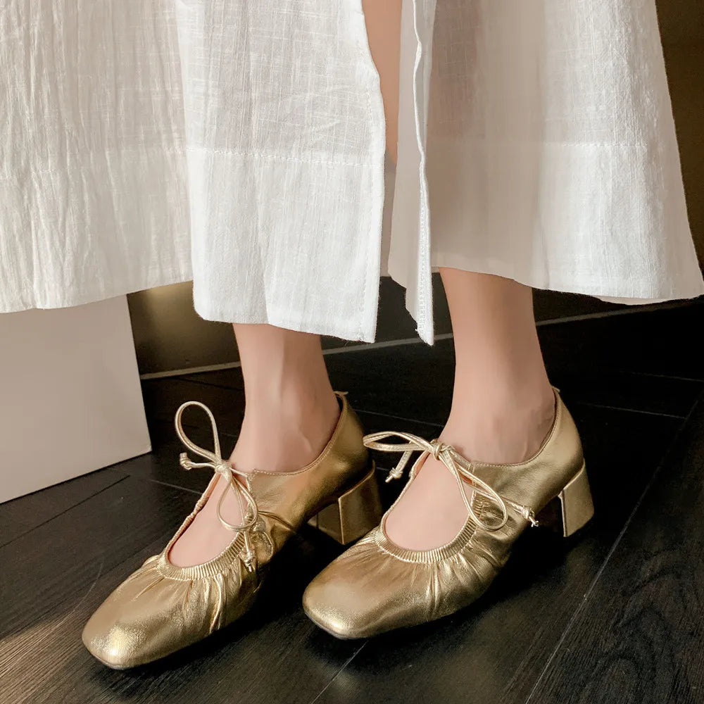 Mature Lace-Up Thick Heels Shoes Woman Office Lady Working Genuine Leather Pumps 2024