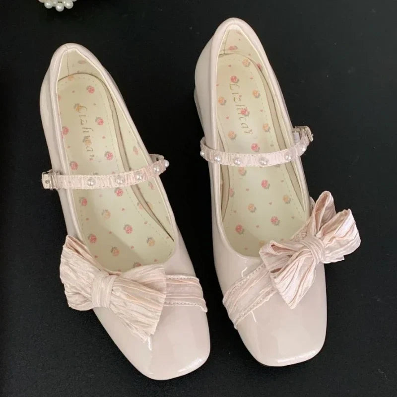 Butterfly-knot Sweet Mary Jane Shoes Elegant Chunky Shallow Pumps Buckle Square Toe High Heels Ladies