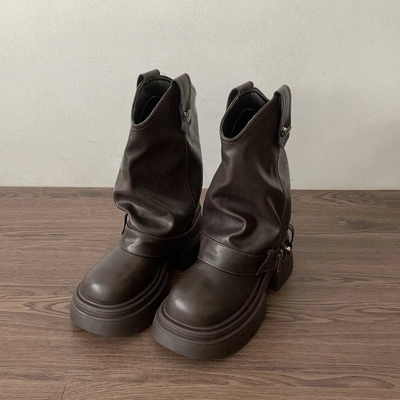 Knee High Boots Western Round Toe Long Boots Western Shoes Chunky Heel Platform