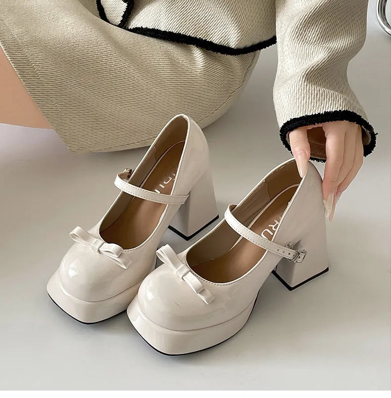 Platform Thick Heel Mary Jane Shoes Square Toe Shoes Elegant Height Increase