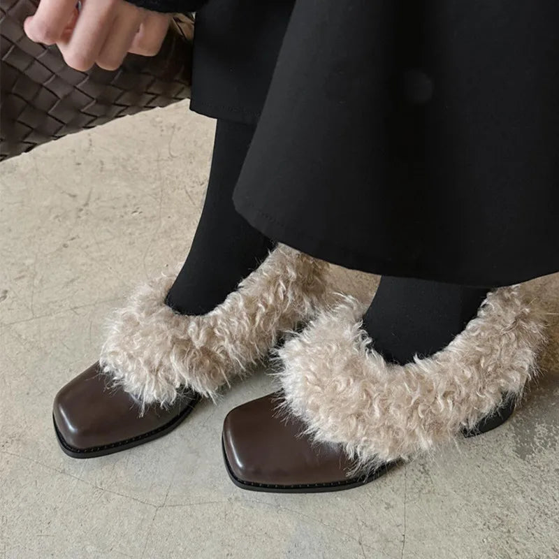 Ins style Square toe Patent Leather Wool Warm High heels Loafers Casual Girls Chunky Shoes