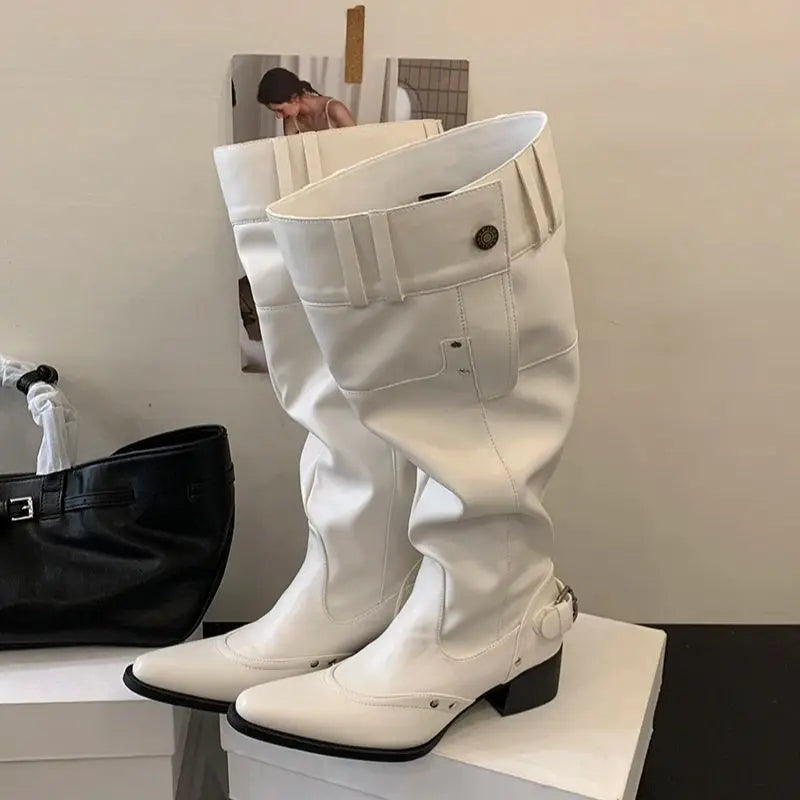 Black Boot Knee High Long Shoes Woman Pointed Toe Chunky Heels White Boots Belt Buckle Rivet Wide-Leg Shoe