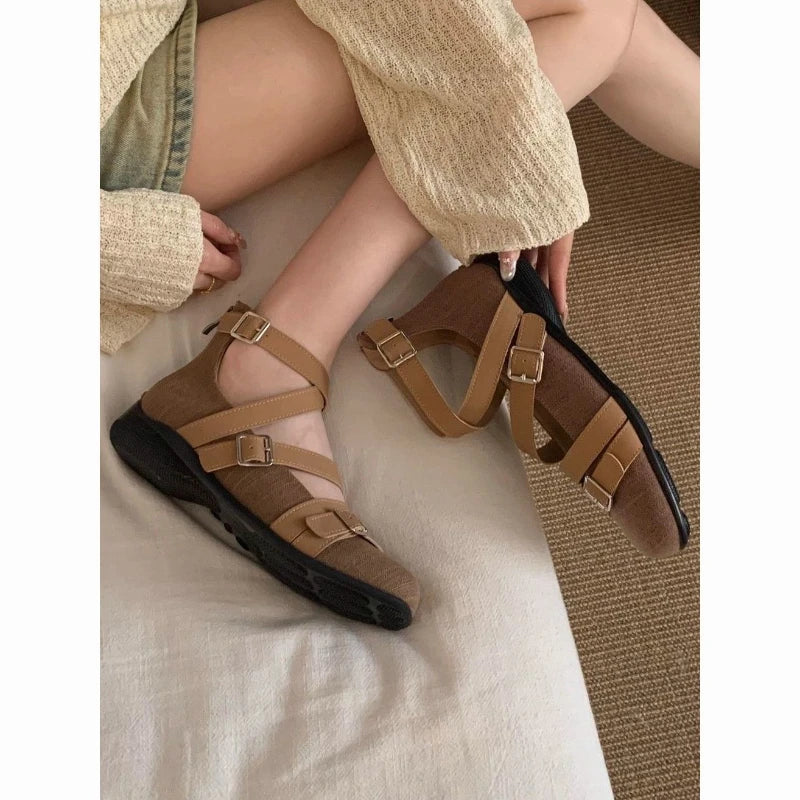 Design Round Toe Ballet Flats Ins Style Buckle Belt Ballerina Shoes Light Comfortable Leisure Girls Footwear