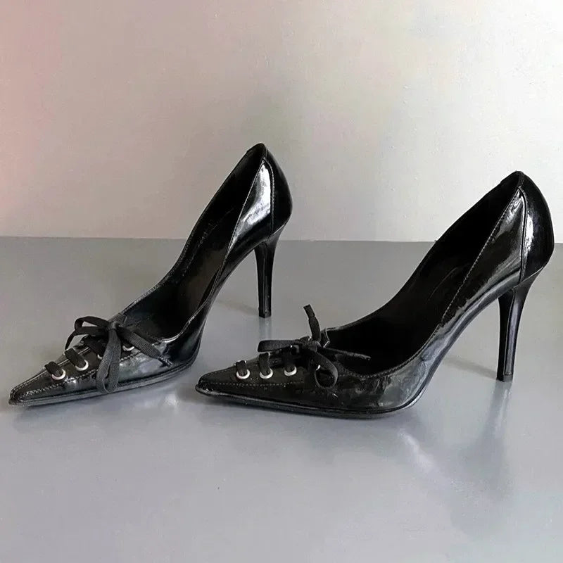 Pointed Toe Thin High Heels Lace Up Retro Street Style Party Brand Pumps Zapatos De Mujer