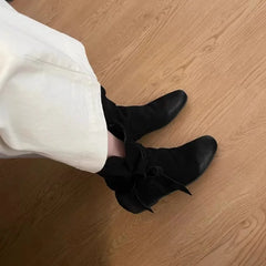 Genuine Leather Butterfly Knot Wrapped Strap Short Ankle Boots Polished Color Distressed Flat Bottomed Bare Shoes