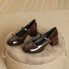 Round toe bowtie mary janes pumps thick high heels lolita shoes ankle strap japanned leather talons femmes