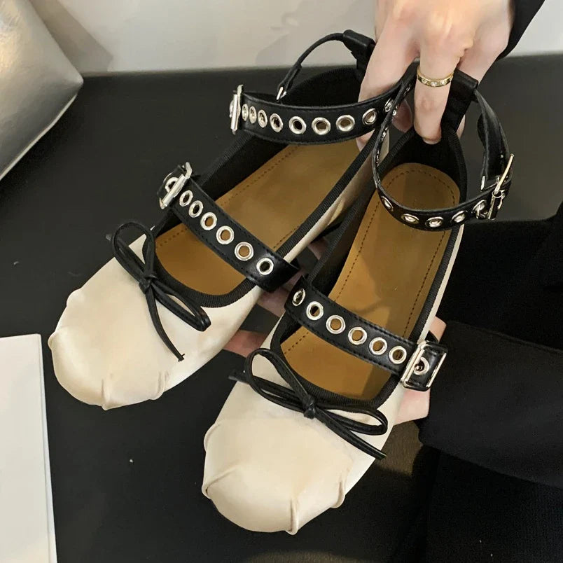 Rivet Ballerina Shoes Flat Mules Shoes Fashions Round Toe Skeleton Ballet Shoes Casual Metal Decoration Mary Jane Pumps