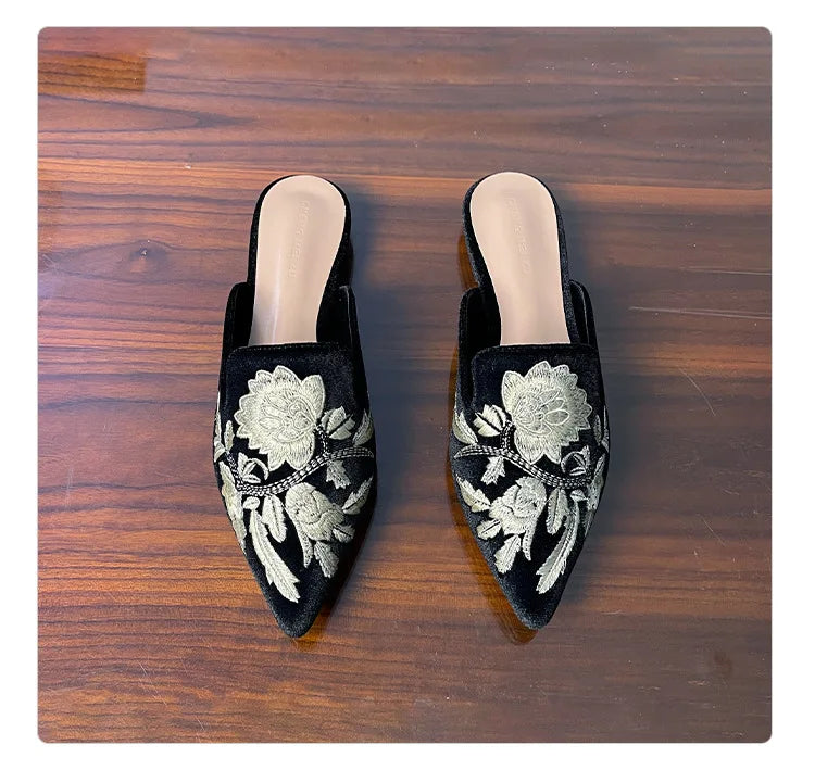 Embroidery Velour Shoes Woman Strange Heel Slippers Design Mules Femme Pointed Toe Wedges Tacones Slides Slip On Pantuflas Mujer