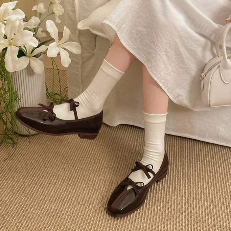 Elegant Bow Decoration Square Toe Shallow Mouth Single Shoes