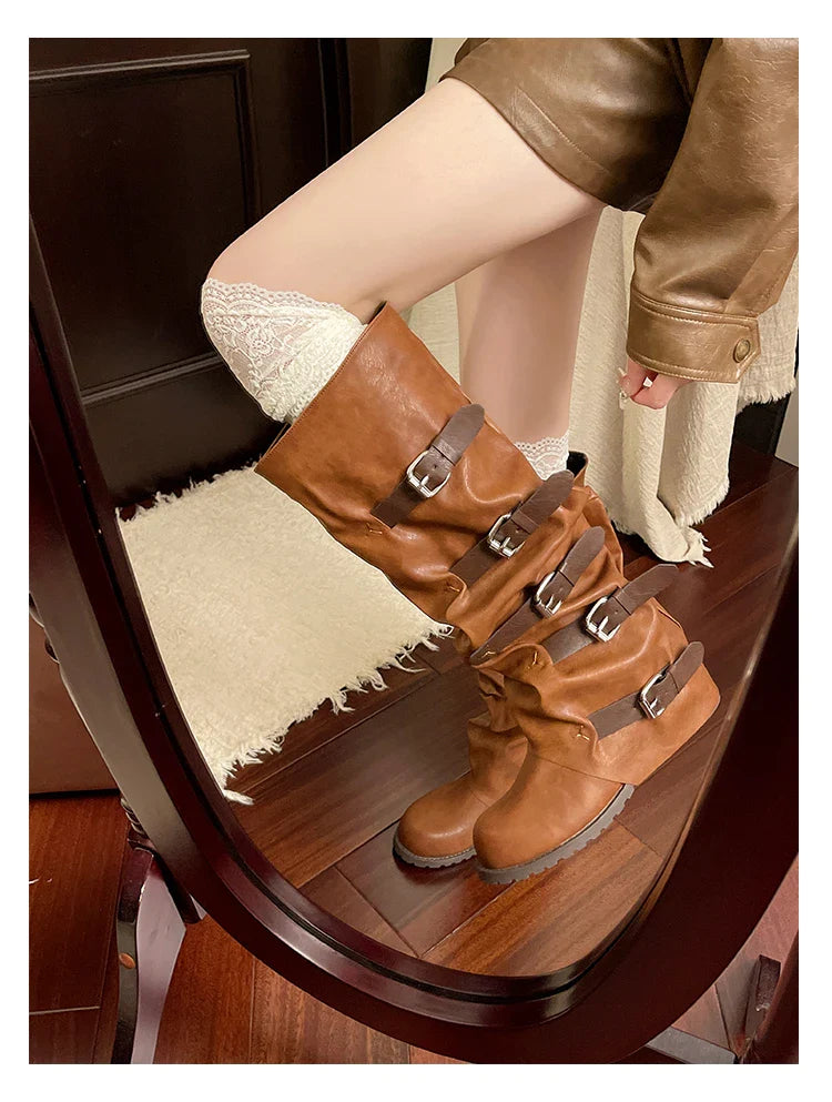 Knee-high Boots Shoes Woman Knight Boots Woman Buckle Chelsea Long Botas Pu Leather Motorcycle Shoes