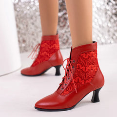 White Red Victorian Pointed Toe Ankle Boots PU Leather Embroidered Laces Punk Cross-tied Kitten High Heel Shoes Plus Size