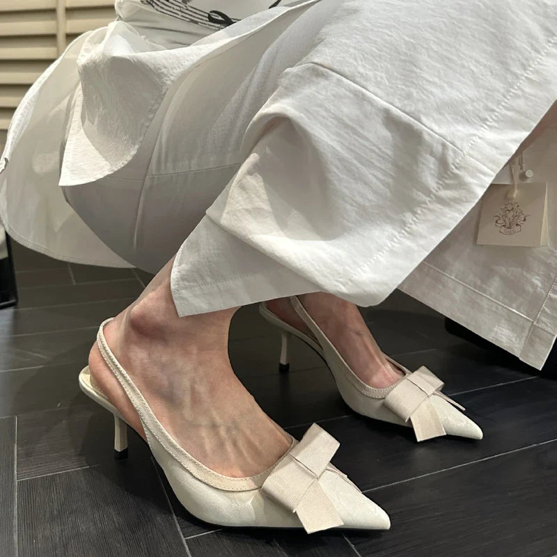 Bowknot Pointed Toe Thin Heel Elegant Satin Heels Prom Backless Zapatos De Mujer
