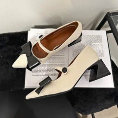Bow Pointed Toe Mary Jane Shoes Chunky Heel Elegant Office Shoes Comfy Pumps Fashions Retro High Heels