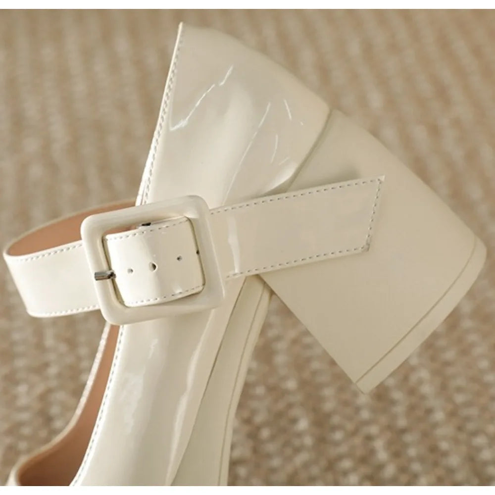 High Heels Word Belt Mary Jane Single Shoes Thick Heel Light Mouth Buckle High Heel Leather Shoes