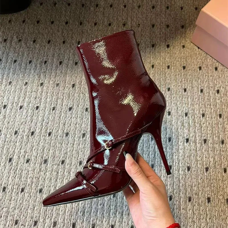 Patent Leather Belt Buckle Ankle Boots Elegant High heels Chelsea Office Lady Short Booties Shoes