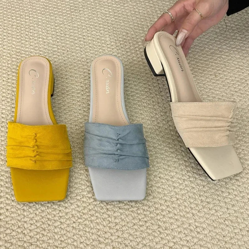 Square Toe Slippers Low Heel Casual Slides Comfort Non-slip Sandals Flats Beach Shoes