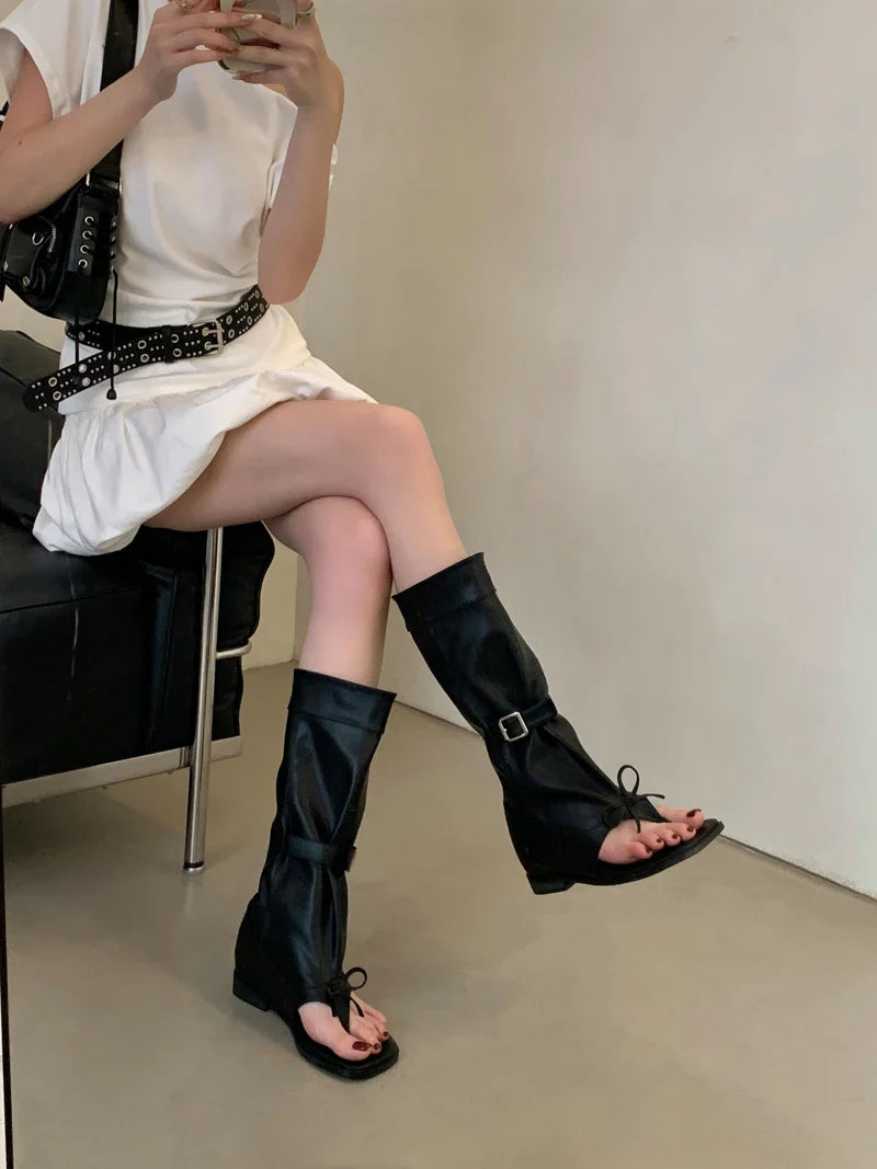 Black Wedge Sandals Woman Thong High Heels Long Boots Belt Buckle Gladiator Shoes Sandal Femmes