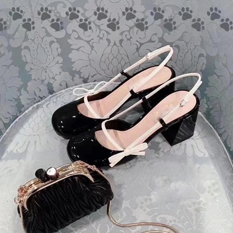 Mary Jane Shoes  Retro High Heels Thick Heels Colored Round Head Bow Back Empty Sandals Women