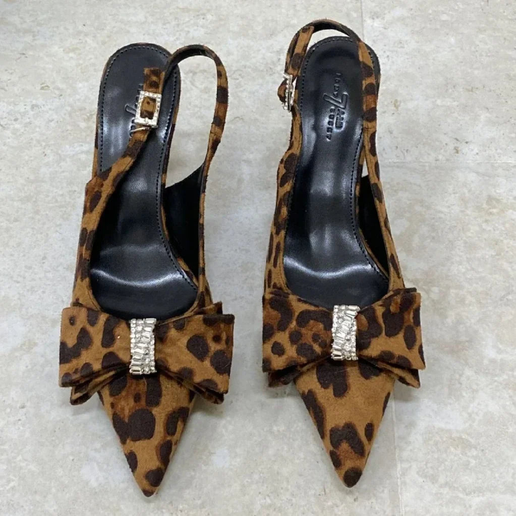 Leopard Thin High Heels Butterfly-knot Office Shoes Pointed Toe Sandals Sandalias De Mujer
