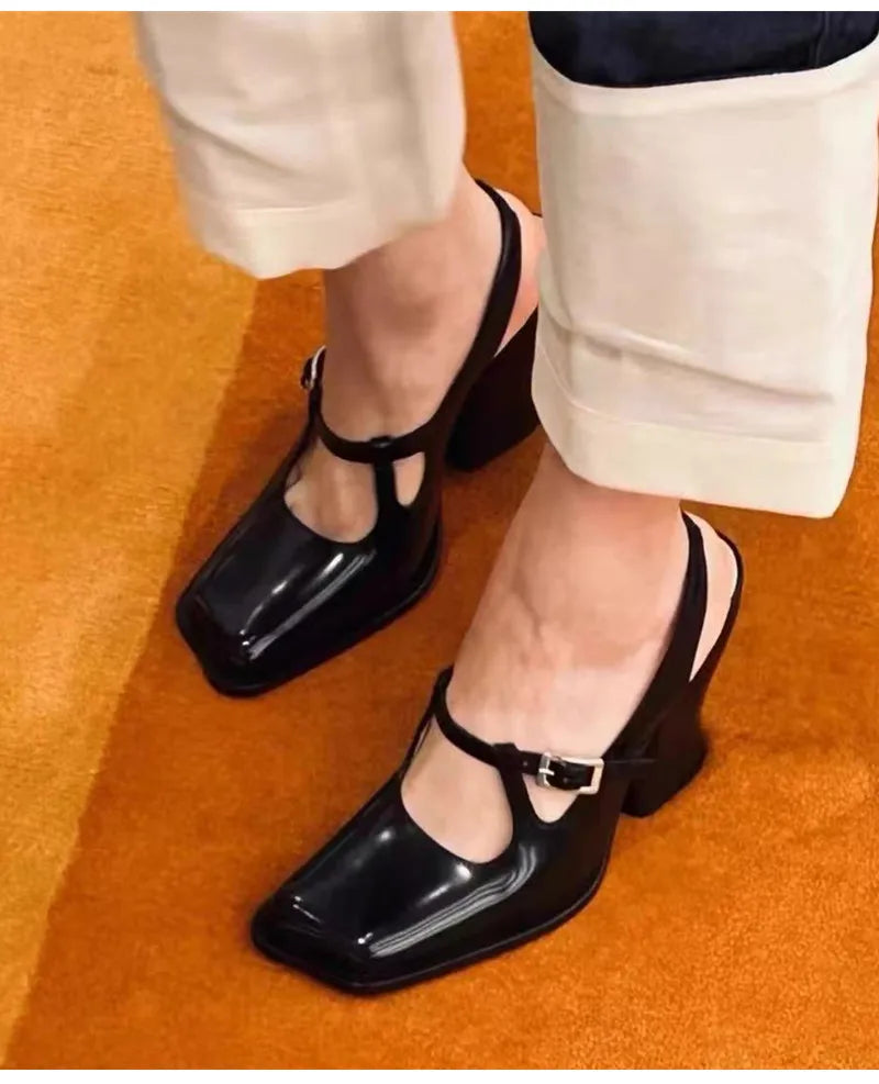 Black Patent Leather Mary Janes Slingbacks Wave Toe Chunky High Heels Office Lady Daily Shoes
