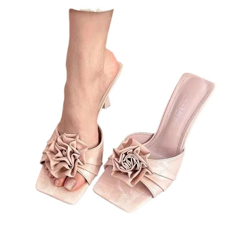 Shoes Woman Low Loafers Slippers Mules Cover Toe Slides Flower Pointed Fabric Rubbe