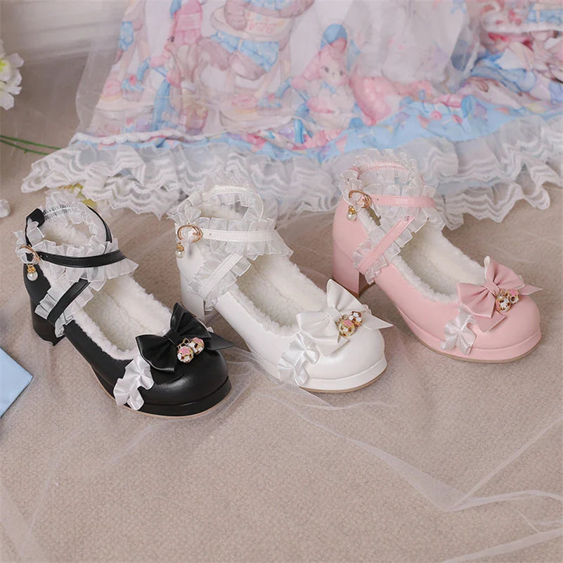 Lolita Pumps Round Toe Thick Mid Heels Cross Strap Buckle Bow Kawaii Cosplay Shoes Beige 46