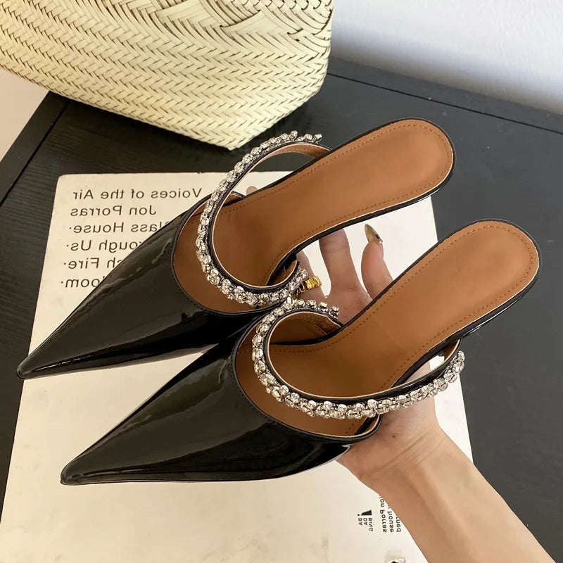 Street CRYSTAL Slipper Pointed Toe Thin Low Heel Sandal Slip On Mules Shoes Zapatos Mujer