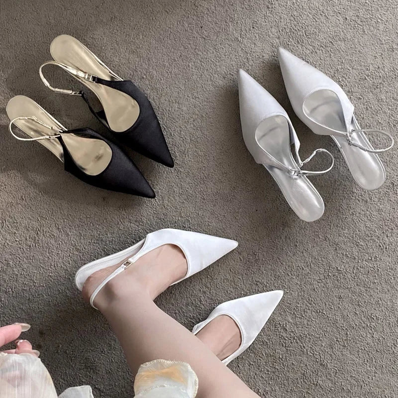 Satin Pointed Toe Mules Sandals High Quality Shallow Thin Low Heels