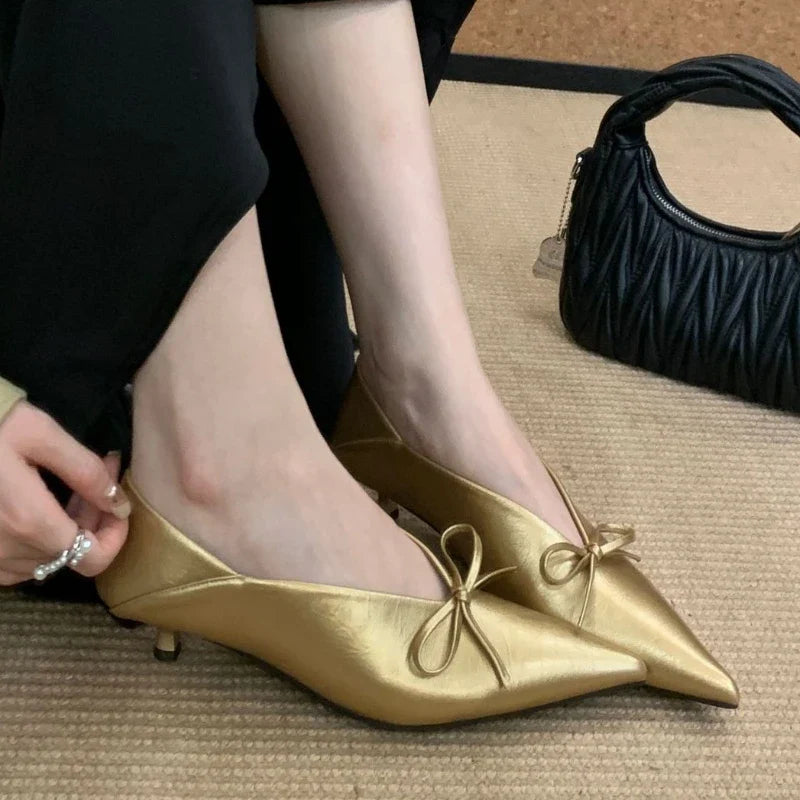 Elegant Shoes Low Heel Shallow Gold Pointed Toe Pumps Office Shoes Zapatos De Mujer