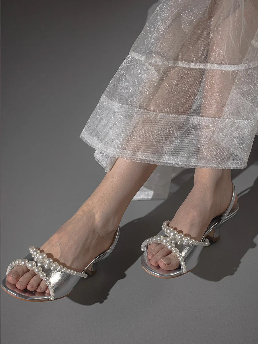 Pearls Edge Open Toe Sandals Block Heels Back Straps Shallow Sandal Dress Party Casual Rubber Sole Shoes