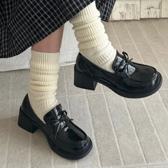College Style Platform Loafers Shoes Shallow Slip On Shoes Elegant Thick Heel Leather Shoes