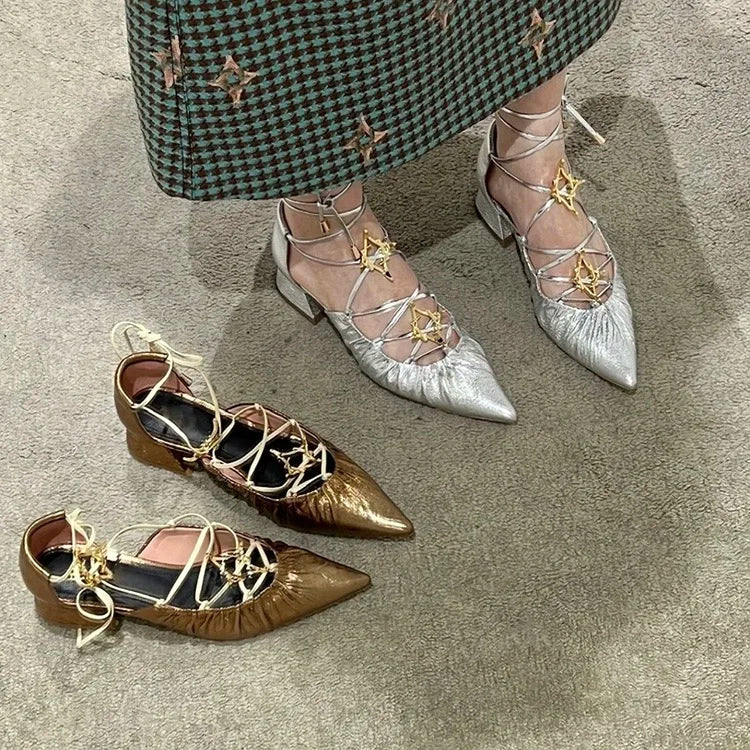 Cross Straps Sandals Pointed Toe Gold Star Detail Mixed Color Low Block Heels Ankle Lace Up Rubber