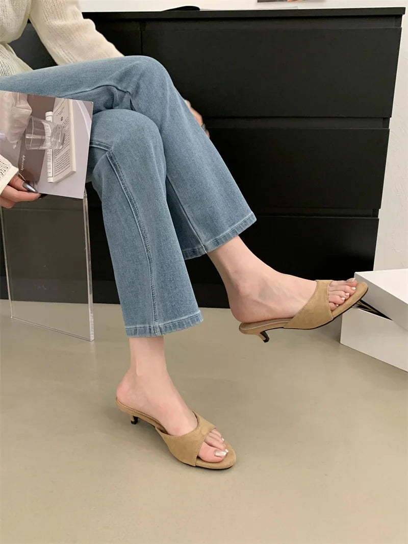 Thin Low Heels Slippers Round Open Toe Beach Casual Sandal Mules Slides Shoes Zapatos De Mujer
