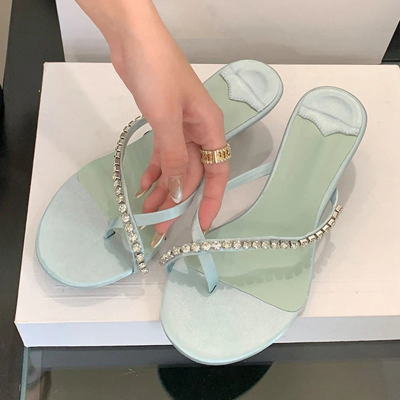 Round Toe Thin Heels Slippers Slides Flip Flops Sandals Rhinestone Pinch Narrow Band Shoes