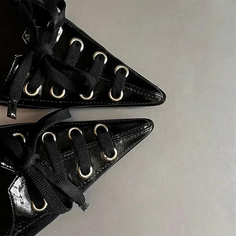 Pointed Toe Thin High Heels Lace Up Retro Street Style Party Brand Pumps Zapatos De Mujer
