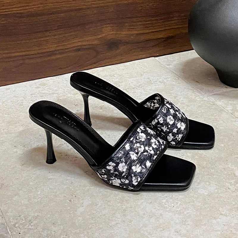 Flower Thin Heels Slides Sandals Shoes Square Toe High Heels Shoes Slip On Sandals Pumps