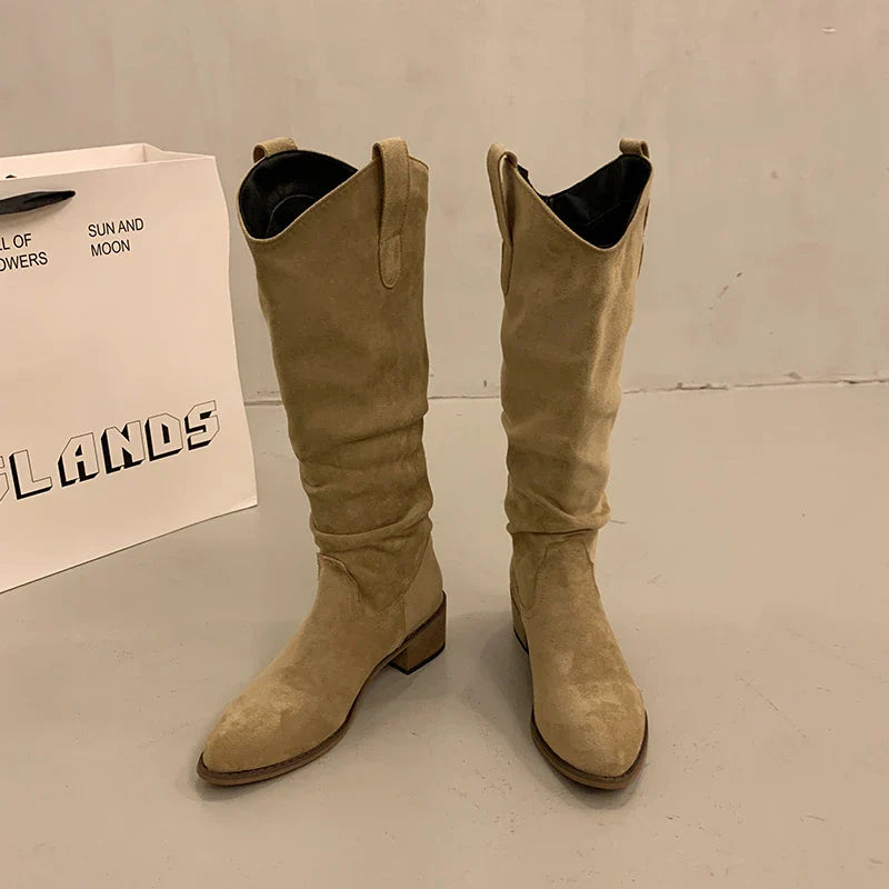 Vintage Woman Knight Knee High Boots Shoes Concise Slip On Western Cowboy Botas