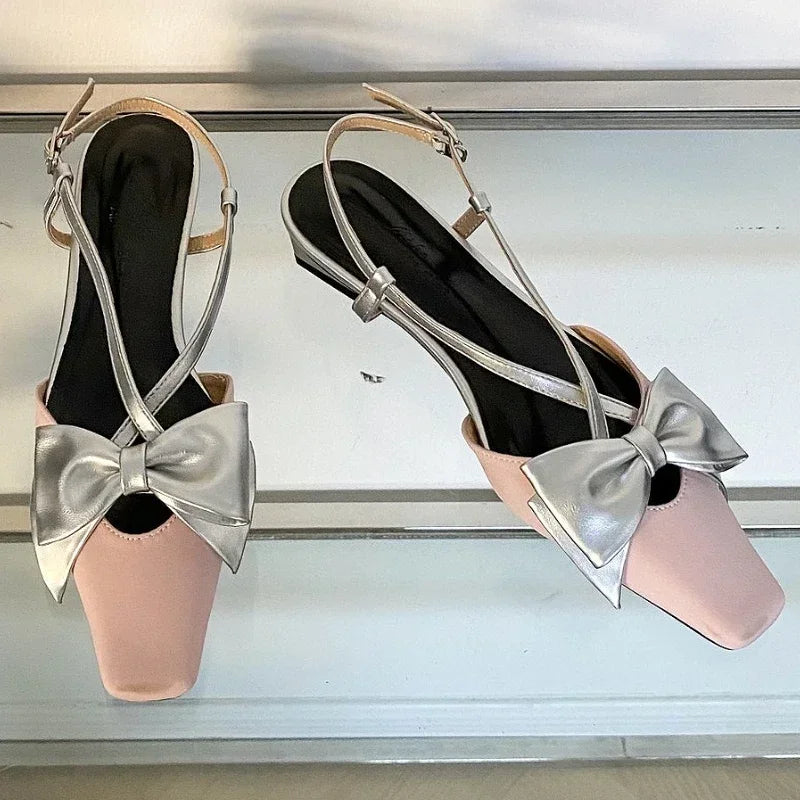 Sweet Butterfly-knot Low Heel Mules Shallow Elegant Comfy Cross-tied Square Toe Slingback Sandals