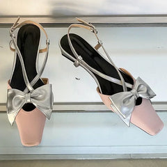 Sweet Butterfly-knot Low Heel Mules Shallow Elegant Comfy Cross-tied Square Toe Slingback Sandals