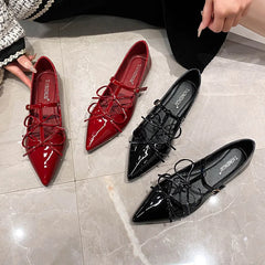 T-strap flats double bowtie ankle strap party shoes woman pointed toe cutout mary janes japanned leather loafers
