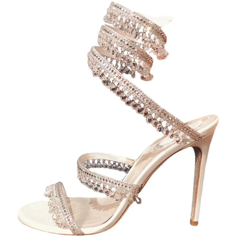Stiletto Rhinestone Snake-Shaped Winding Crystal Pendant Sandals Fairy Style High-Heeled Roman Shoes