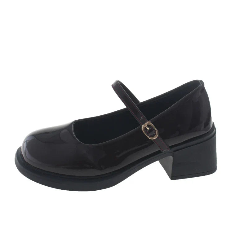Mary Jane Shoes Simple Glossy PU Causal Uniform Low-heeled Shoes Versatile Lolita Pumps