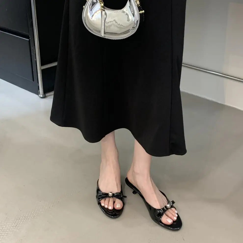 String Bead High-Heeled Shoes Ladys Slippers Outdoor Slides Pantofle Butterfly-Knot Low Rubber Flip Flops Hawaiian PU