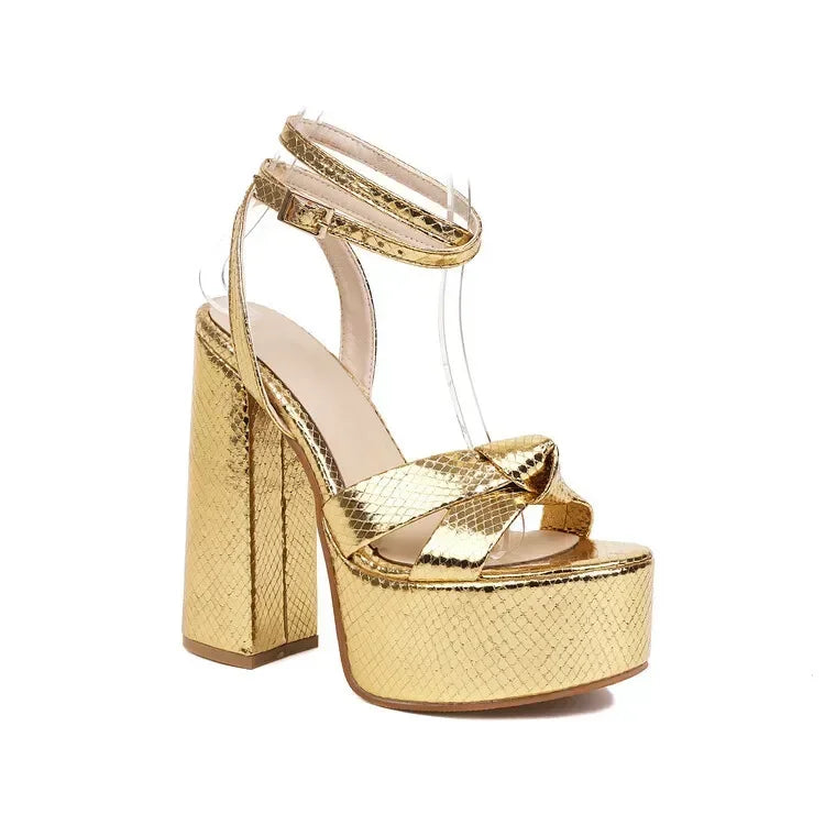 Gold High Heels Ankle Strap Party 14CM Open-toe Platform Chunky Sandals