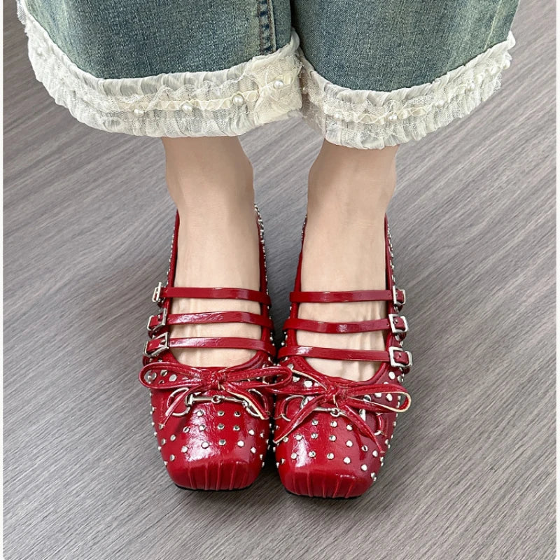 Rivet Ballet Burgundy Mary Jane Flat Shoes Bow Square Head Casual Comfortable Shoes